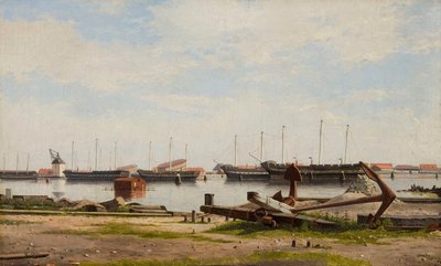 View of the Wharf at Nyholm with the Crane and Some Warships by Christoffer Wilhelm Eckersberg